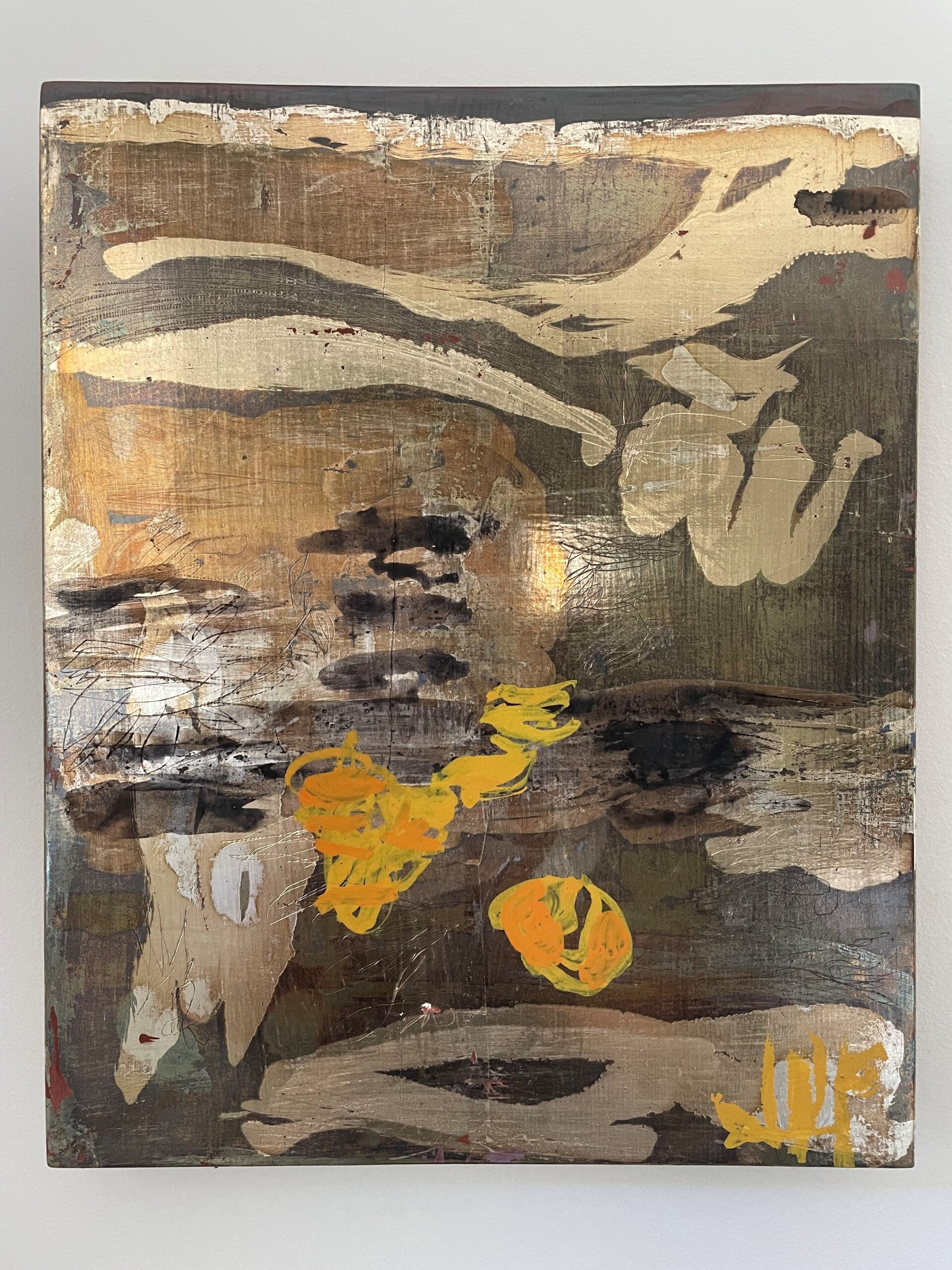 Water gilded panel painting, gesso on wood, silver leaf, oxidation, time is passing, sgraffito, wood grain, bole, clay, burnish, shellac, oak gall ink, punch work, handmade egg tempera, mixed media, contemporary art, paint making, abstract painting, rub, chatoyancy, reflection